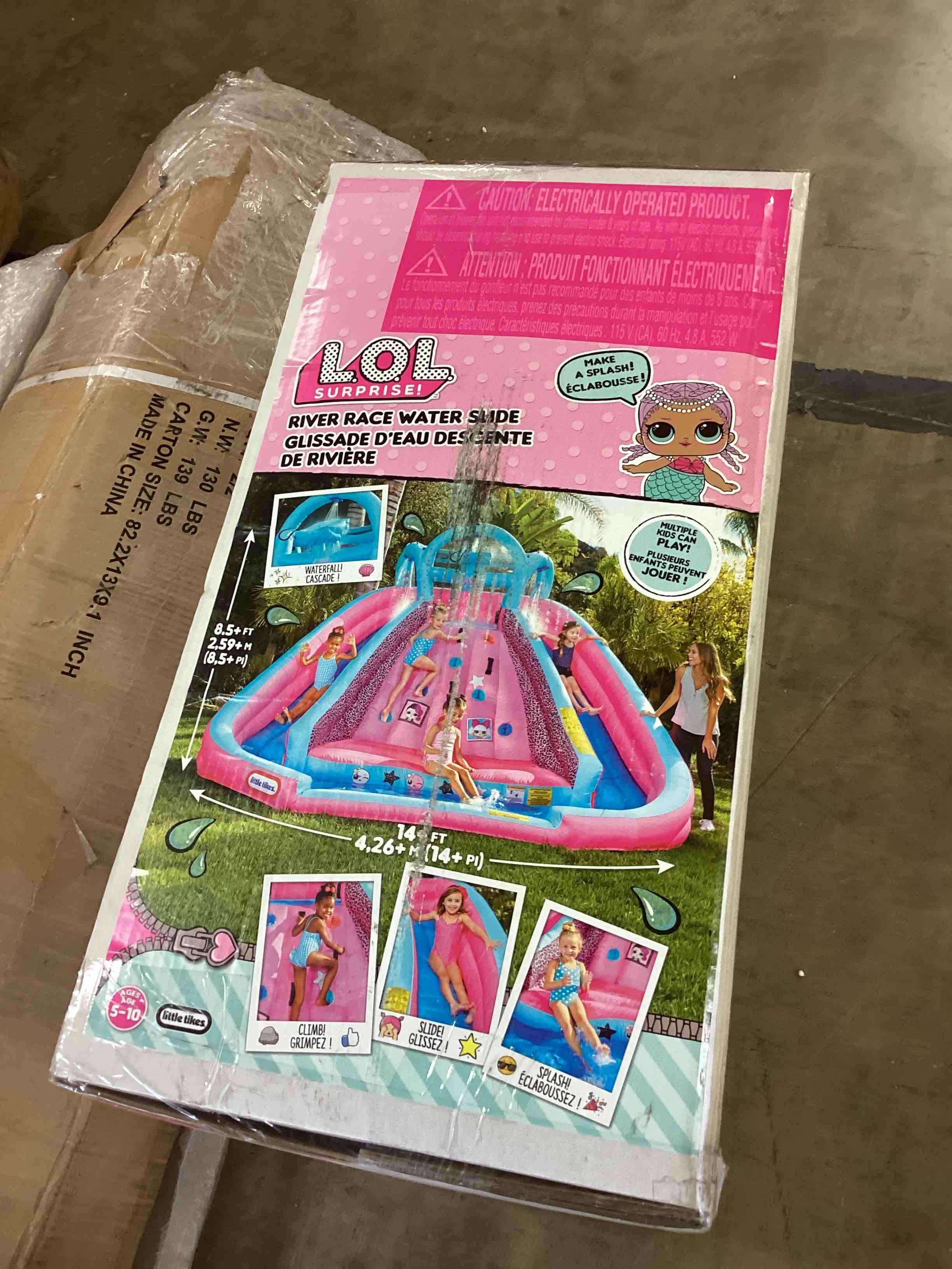 Condition photo showing New/Like New for lol surprise pink river race inflatable water park 2 slides climbing wall & blower outdoor toy ages 4 and up