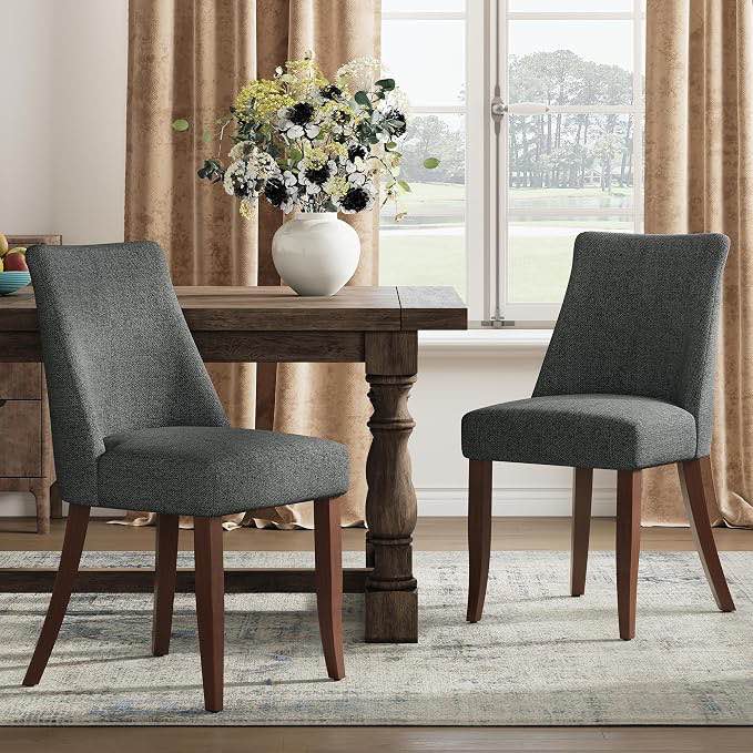 colamy upholstered dining chairs set of 2 with wood legs, dark grey | mid century kitchen chairs with back, fabric side dining room chairs for dining room restaurant