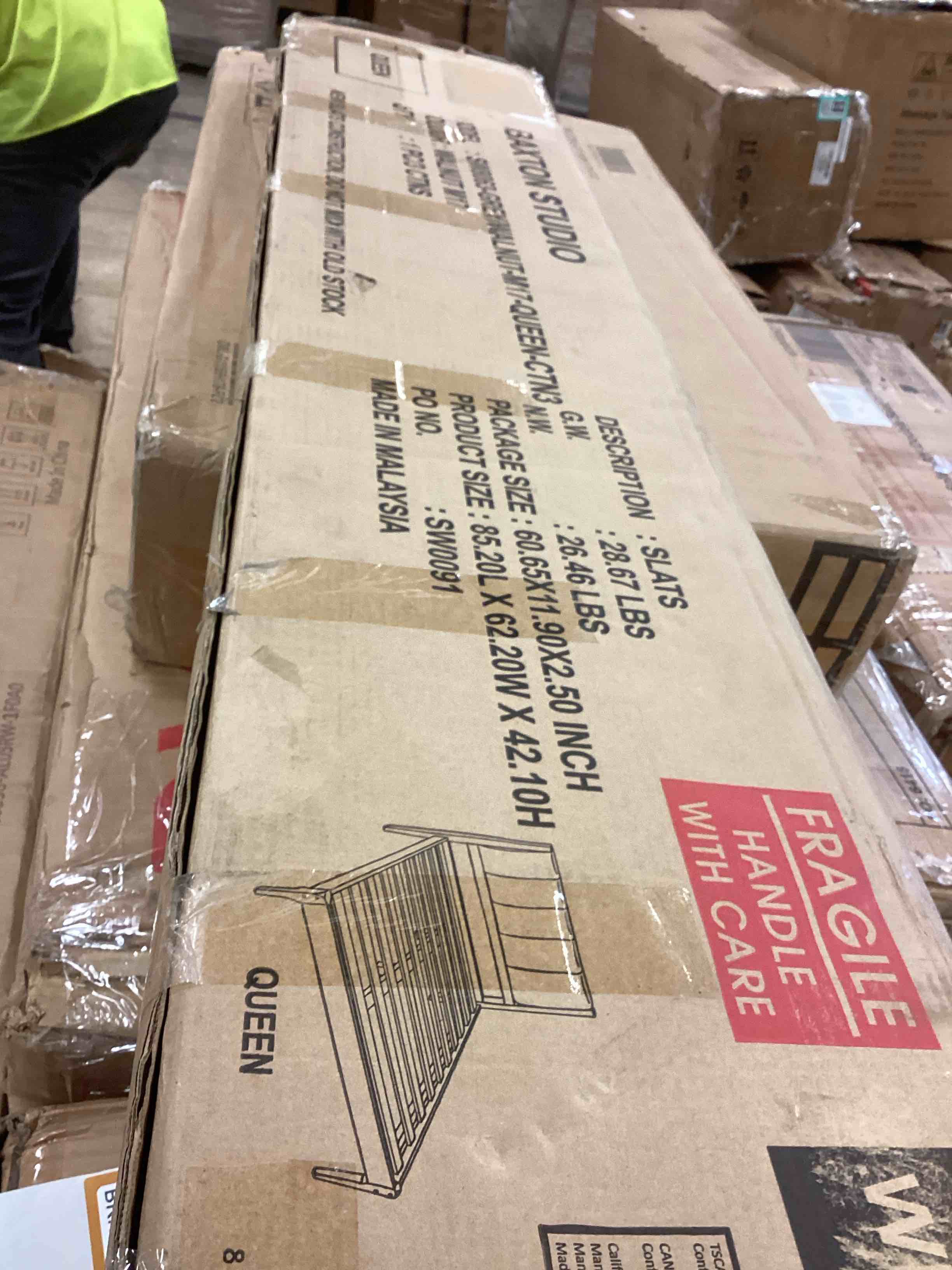 Condition photo showing Good Condition for ember queen platform bed in dark gray fabric & wood (incomplete one box only)