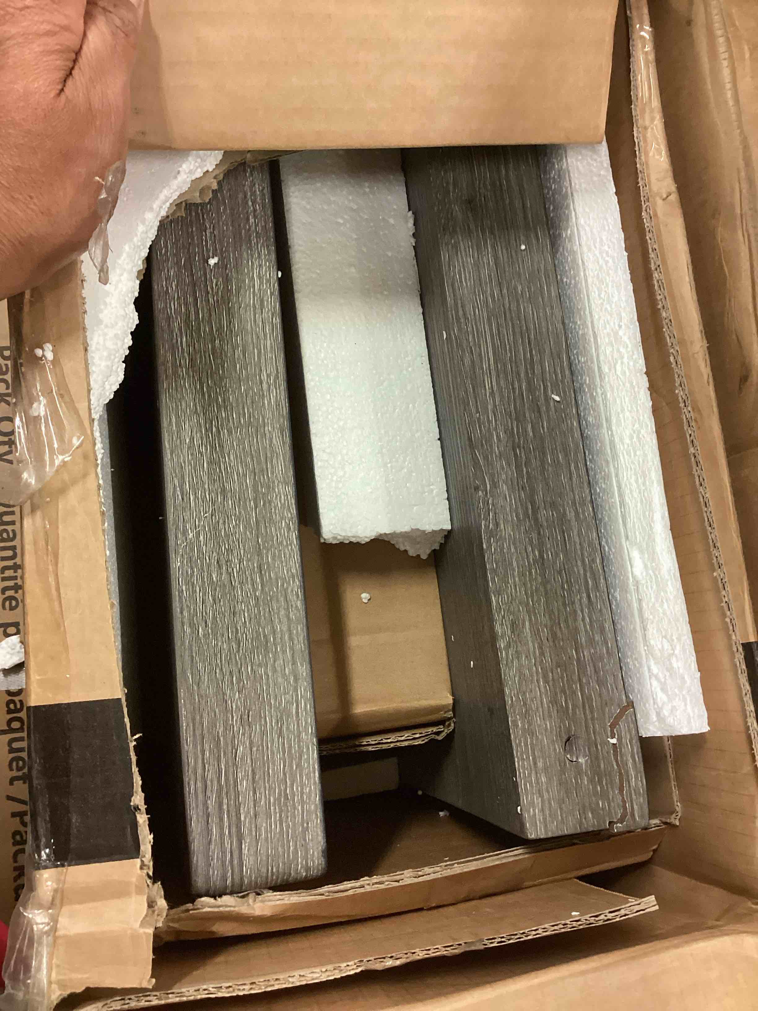 Condition photo showing As Is for transitional 48 inch rectangular dining table in gray finish - trestle base, engineered wood construction, modern dining furniture for kitchen & home use