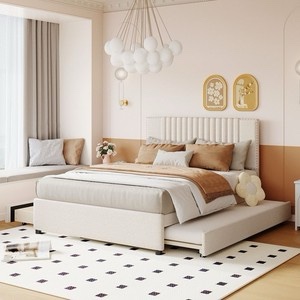 full size upholstered platform bed with 2 drawers and 1 twin size trundle (incomplete one box only) ( box #1 )