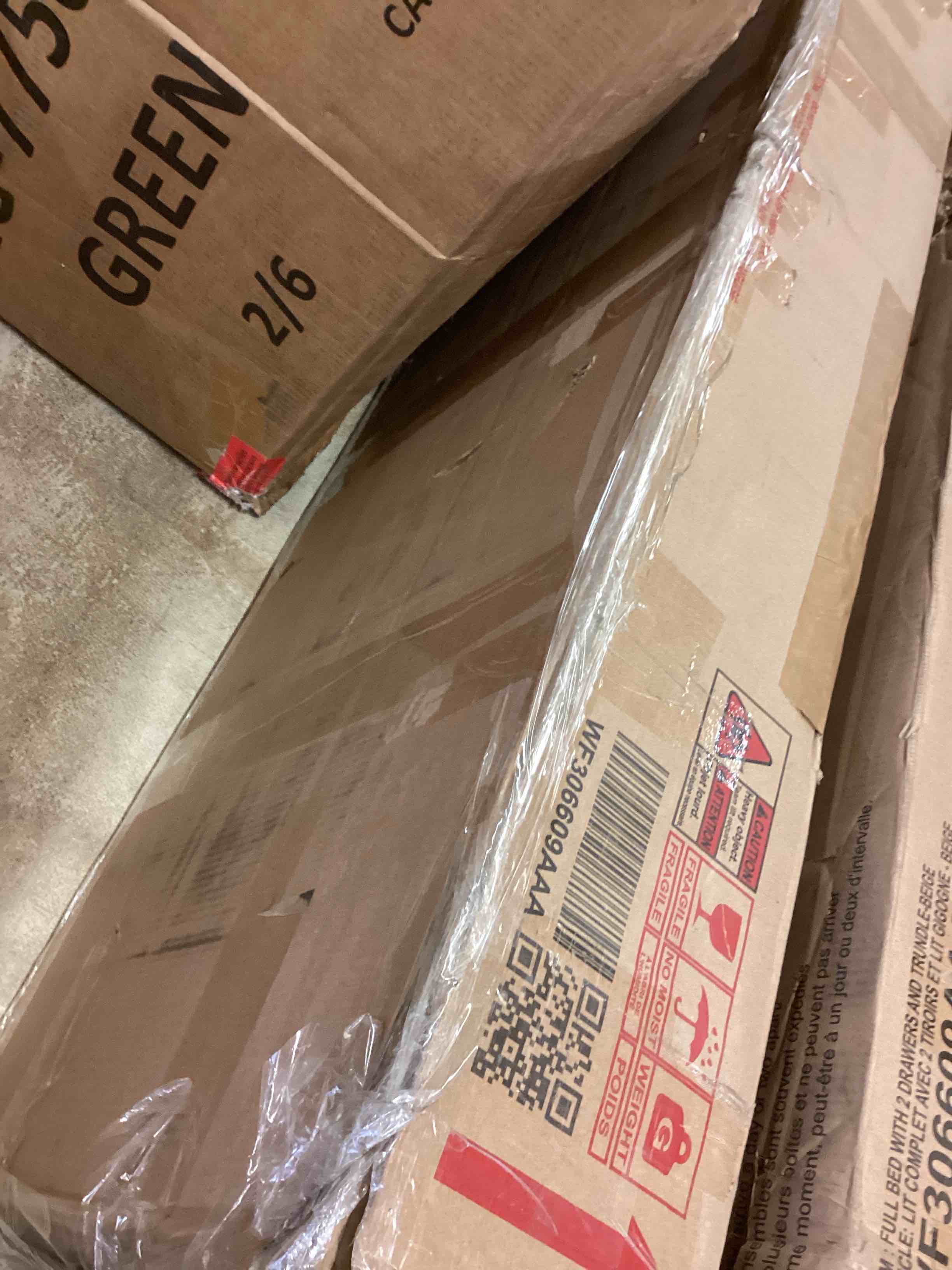 Condition photo showing Good Condition for full size upholstered platform bed with 2 drawers and 1 twin size trundle (incomplete one box only) ( box #1 )