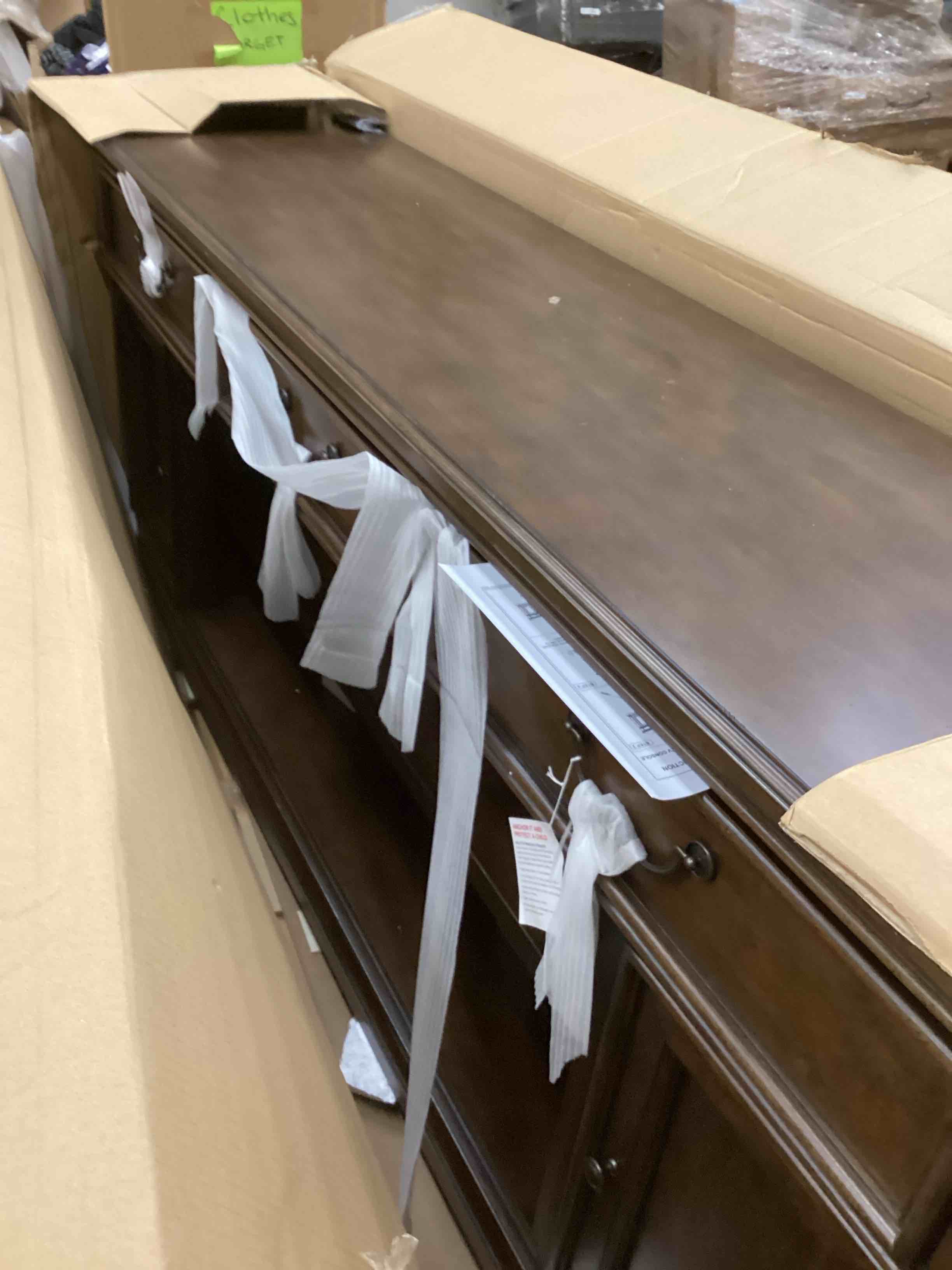 Condition photo showing Good Condition for satin cherry 84" tv stand (2 side scratched )