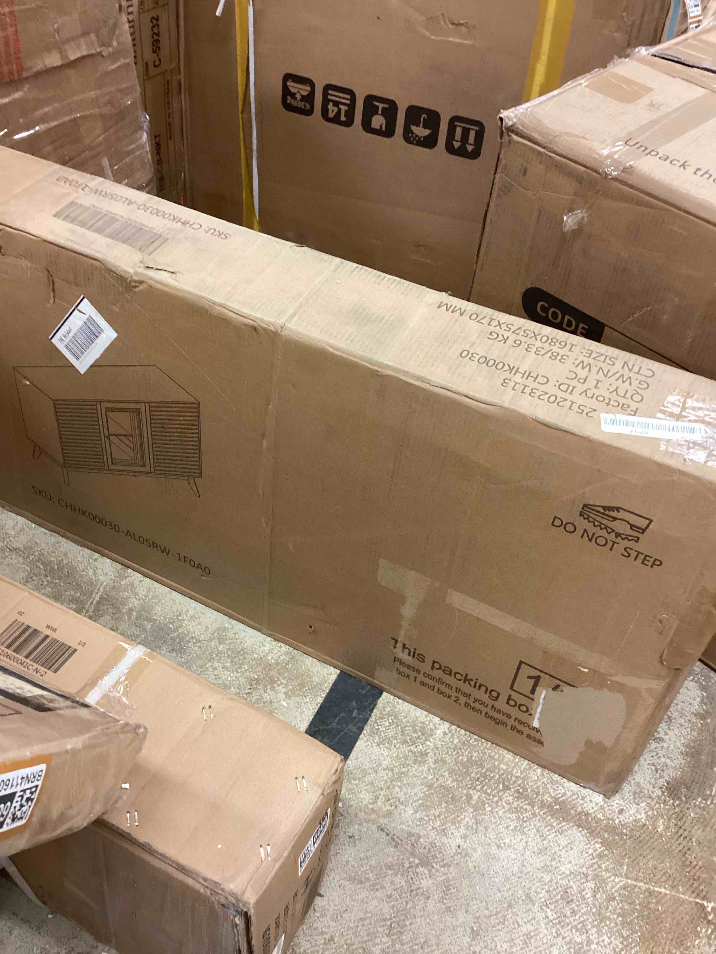 Condition photo showing Good Condition for 60" wood coffee bar sideboard with built-in beverage refrigerator, slatted doors, adjustable shelves, and storage for dining room, home bar ( incomplete one box only)