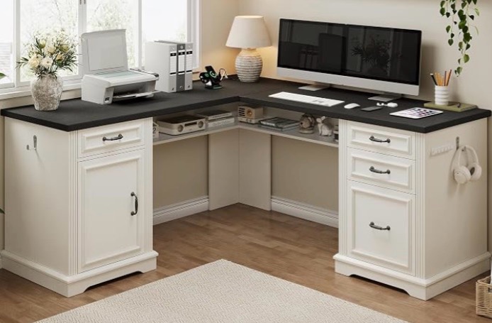 farmhouse l shaped executive desk with 4 drawers, home office desk with hidden under-desk storage shelf and charging station, file cabinet storage, wood corner computer desk for work(white+black) (incomplete one box only (box # 1)