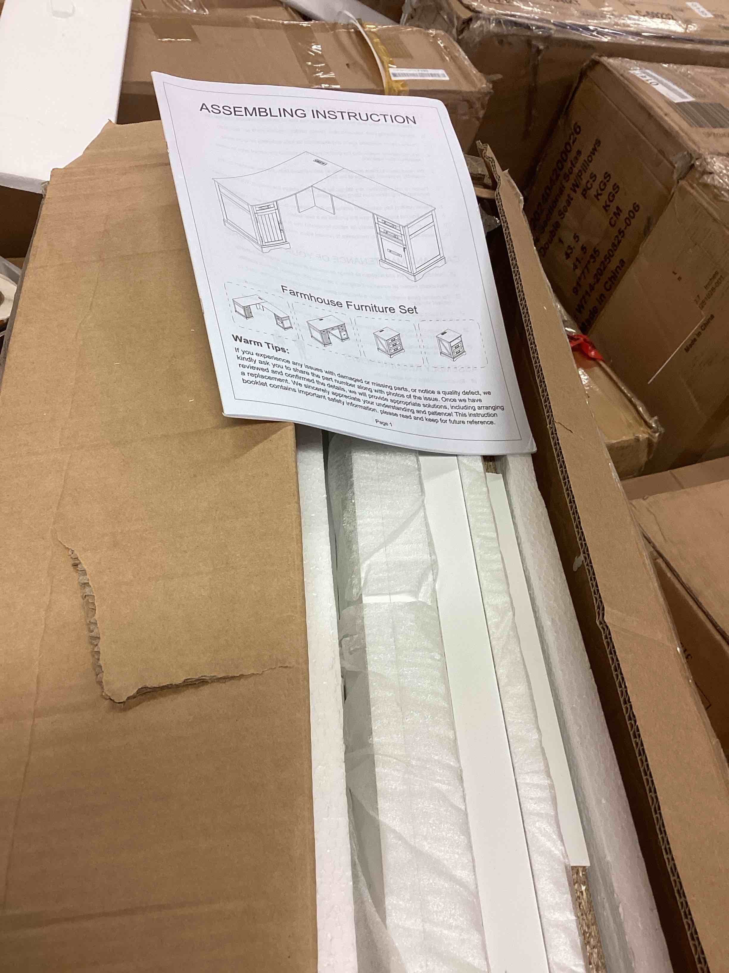 Condition photo showing Good Condition for farmhouse l shaped executive desk with 4 drawers, home office desk with hidden under-desk storage shelf and charging station, file cabinet storage, wood corner computer desk for work(white+black) (incomplete one box only (box # 1)