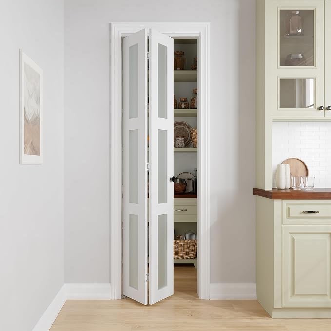 bifold doors for 24" x 80-3/4" opening, 3-lite tempered frosted glass closet folding doors with hardware kit included, easy assembly, white | closet folding doors with hardware kit included, easy assembly for pantry closet, white,water-proof pvc surface,white