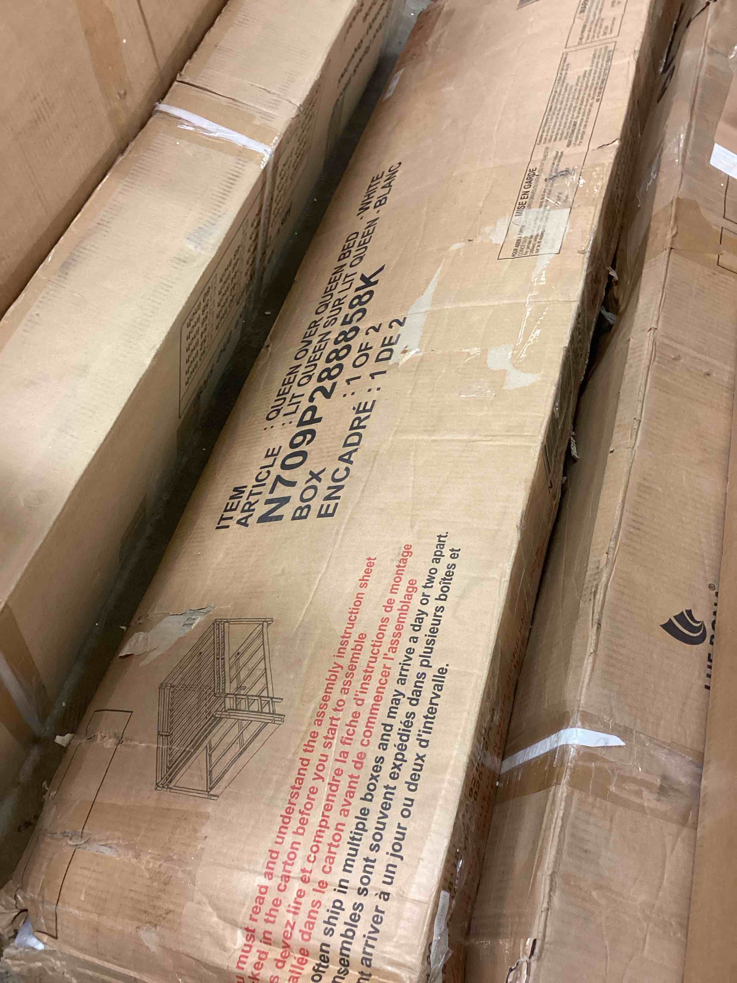 Condition photo showing Good Condition for queen over queen wood bunk bed with ladder and guardrails (incomplete one box only) (box # 1)