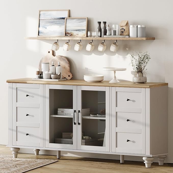 wampat sideboard buffet cabinets with glass door, off white kitchen cabinet | farmhouse kitchen cabinet with adjustable shelf, wood coffee bar table for dining room,accent storage cabinet for living room