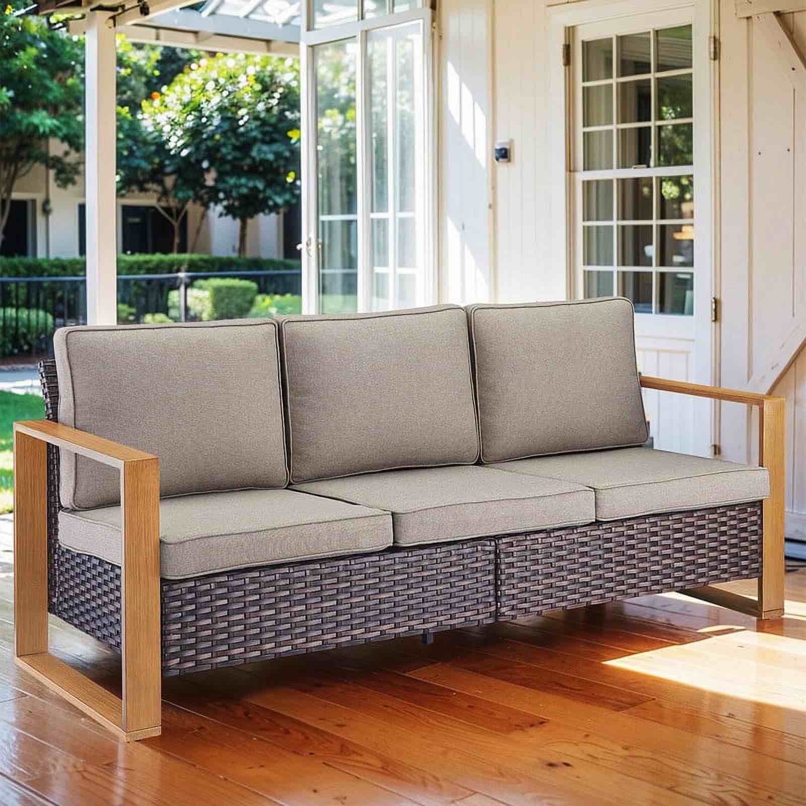 Condition photo showing Good Condition for wicker patio sofa, 3-seater all-weather outdoor sofa with 5-inch thick cushions for outdoors garden, lawn, and backyard
