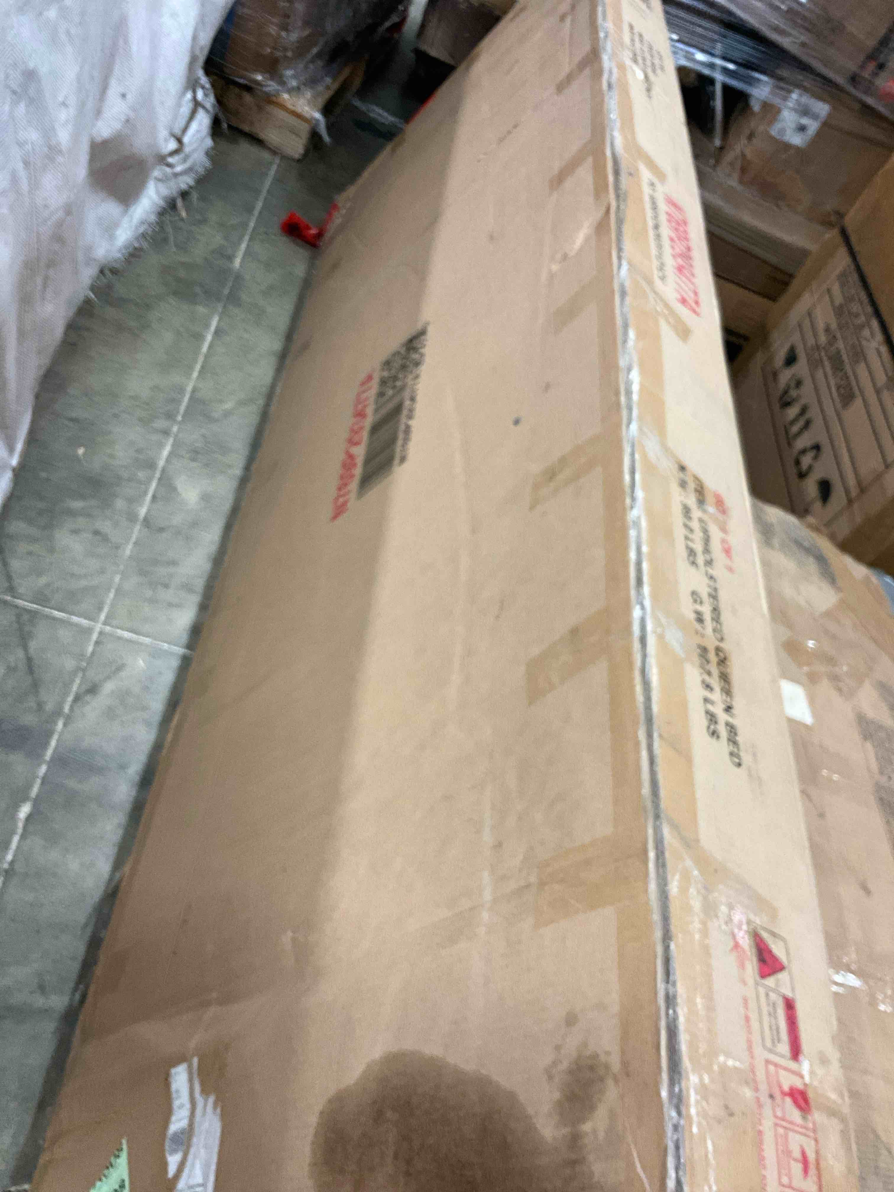 Condition photo showing New/Like New for upholstered bed frame, full/queen size platform bed with padded headboard, no box spring needed, sturdy slat support, modern white fabric (queen) beige