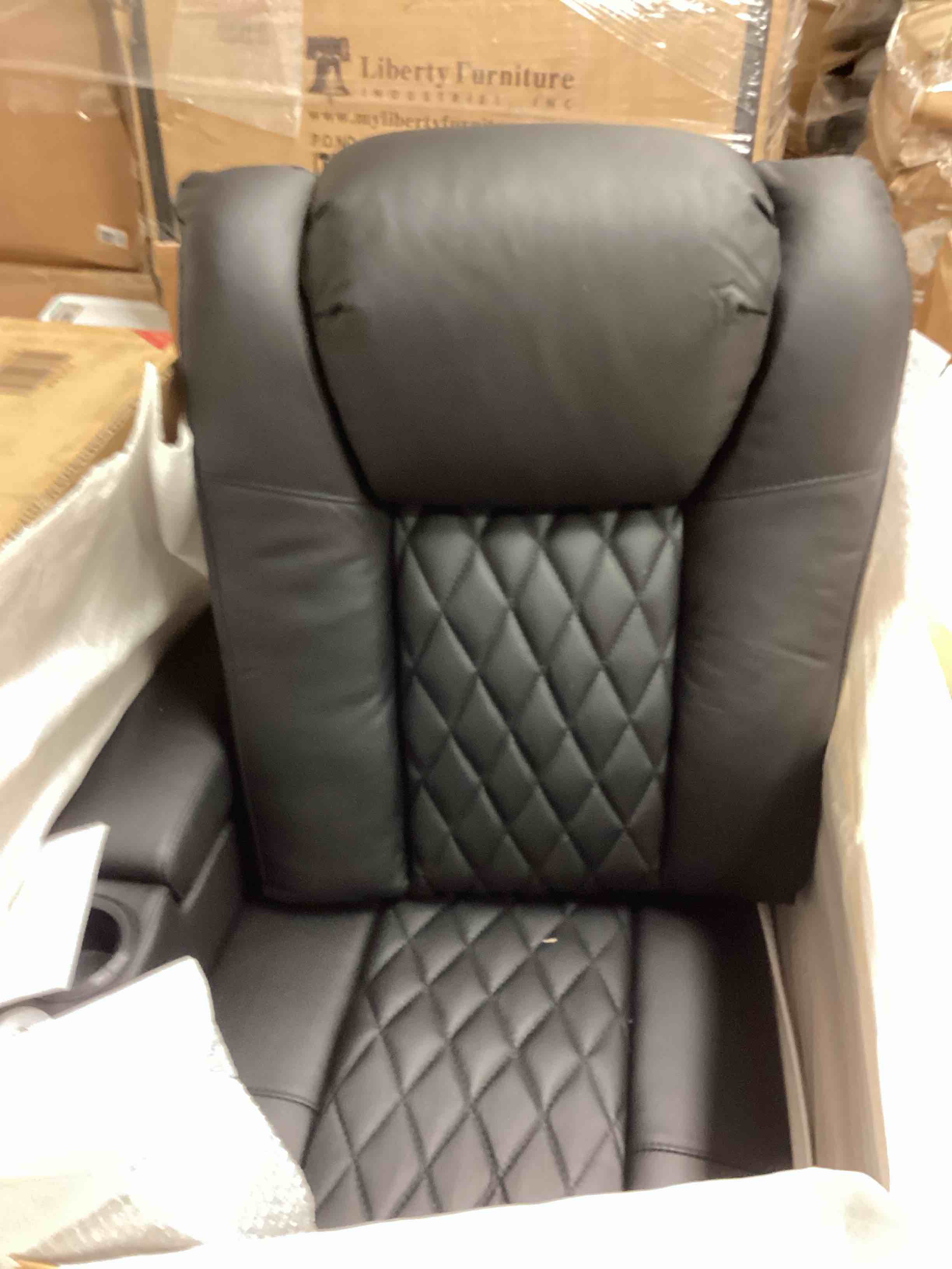 Condition photo showing Good Condition for pbro home theater seating genuine leather recliner chair, movie theater chair power reclining headrest with usb charging ports tray table cup holder ambient lighting black row of 2 loveseat sofa (incomplete 1 box only)