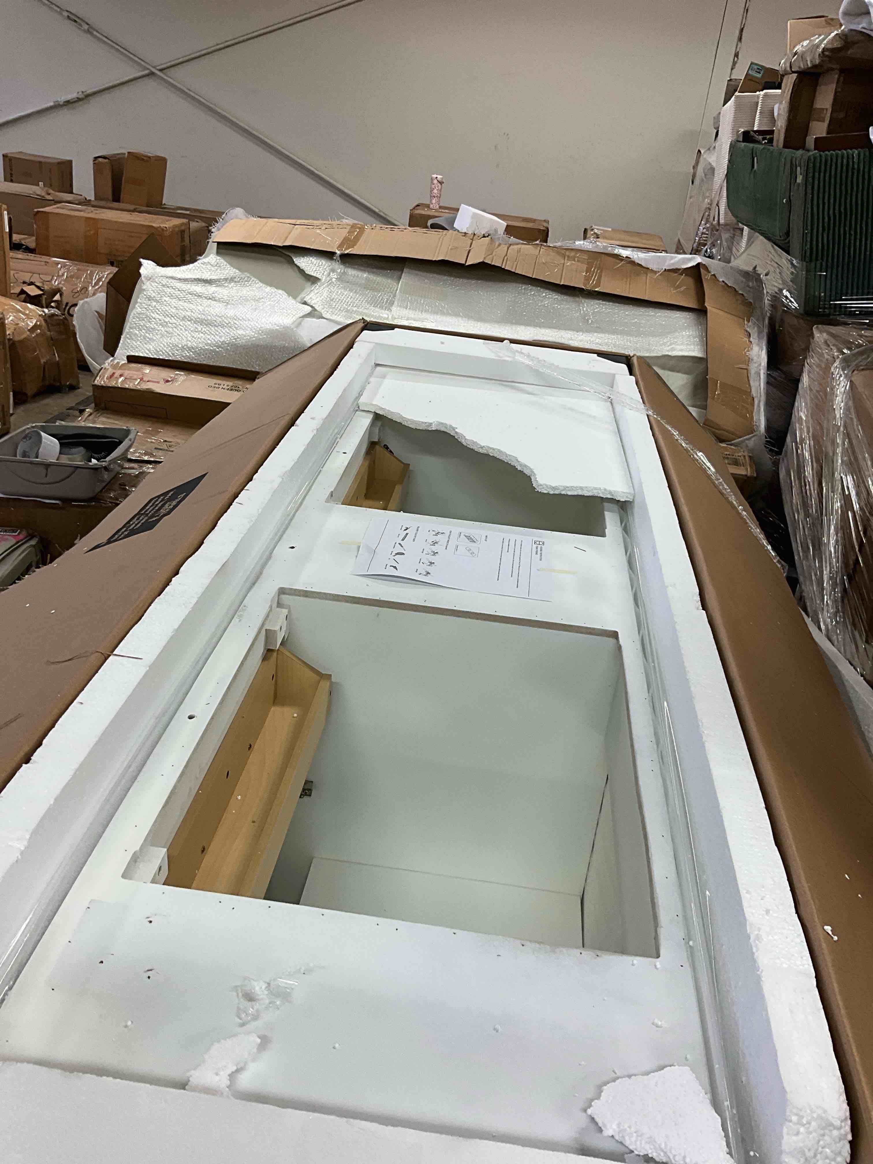 Condition photo showing Good Condition for remington 84 x 35 inch white bathroom vanity cabinet (incomplete missing top and bath sinks )