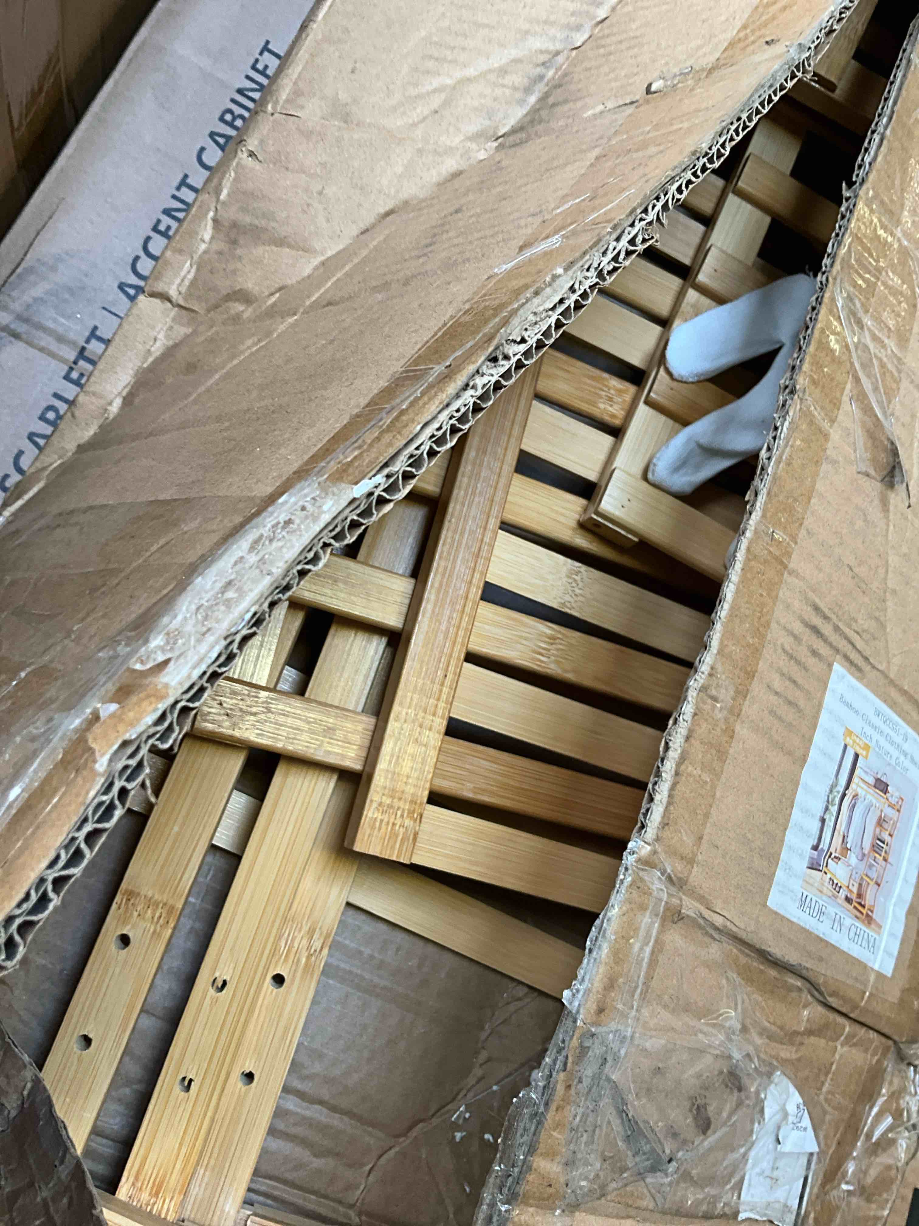 Condition photo showing As Is for colourtree 57.1'' h x 16.1'' w x 2.44'' d bamboo cloth rack heavy duty top shelf hanging rod with side hook and shoe storage shelf