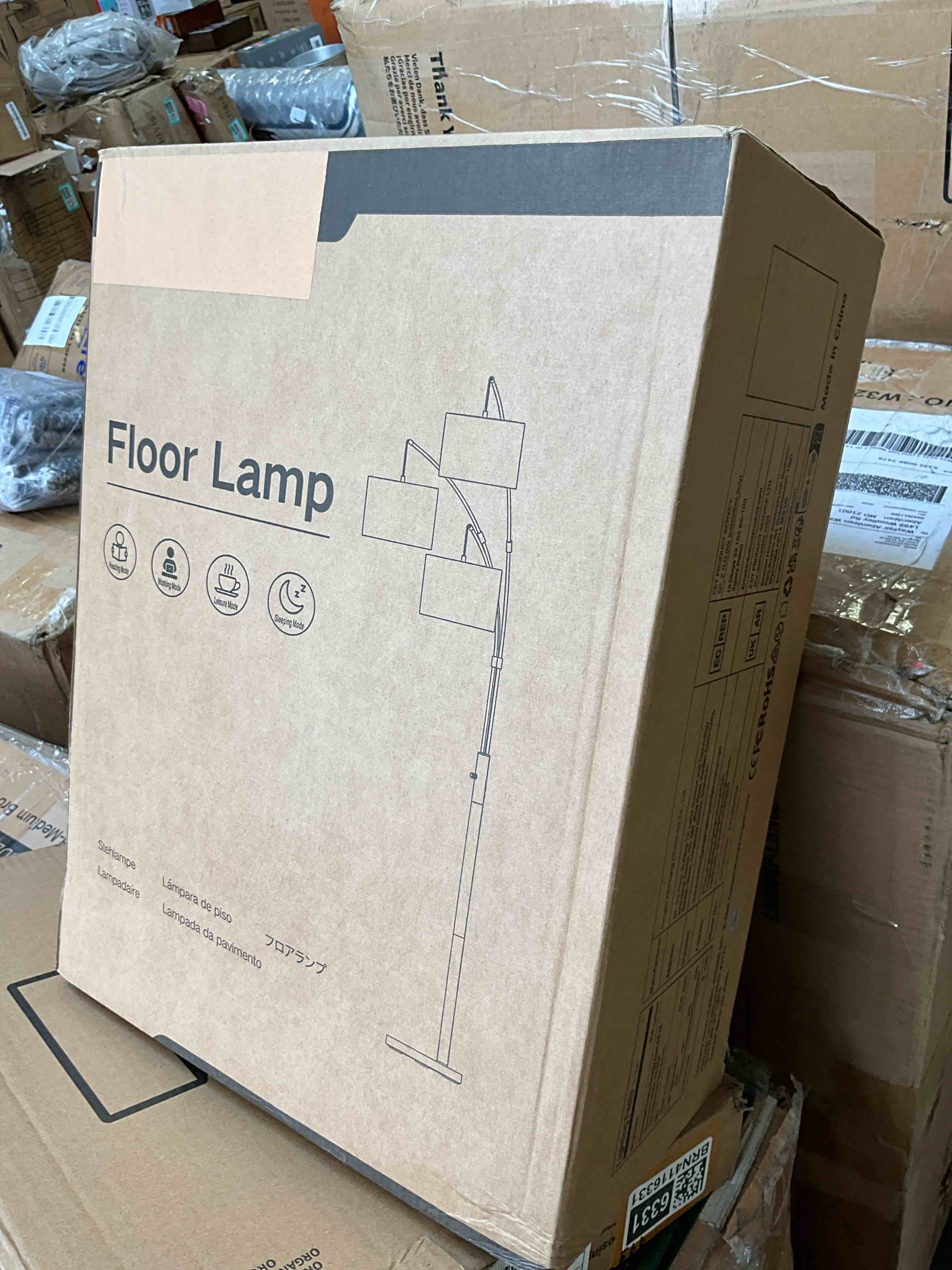 Condition photo showing New/Like New for outon arc led floor lamp, modern black 3 light tall floor lamp for bedroom, 2400lm mid century adjustable standing corner lamps for living room office, 3 led bulbs included, white lampshade