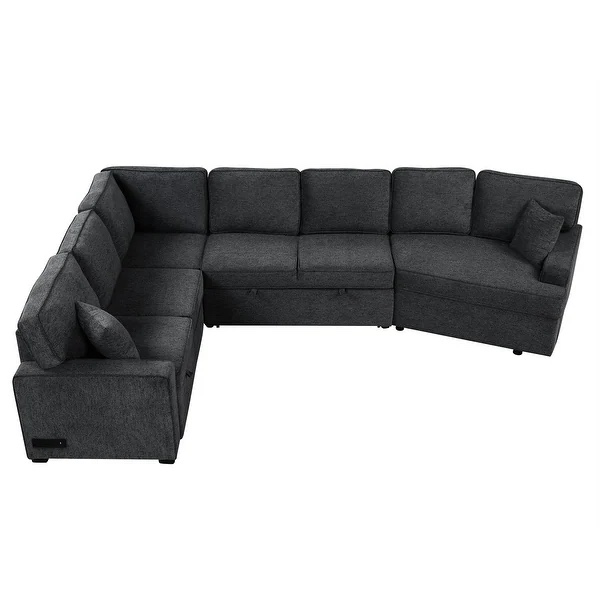 126" L-Shaped Sofa Bed with Charging Ports, Cup Holders, and Drop-Down Tables, Black+Blue (INCOMPLETE ONLY BOX #1 of 5) 