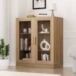 PexFix 36" Modern Wood Bookshelf Storage Cabinet with 2 Glass Door and Adjustable Shelf for Kitchen Bedroom Entryway Living Room Dinning Room Natural