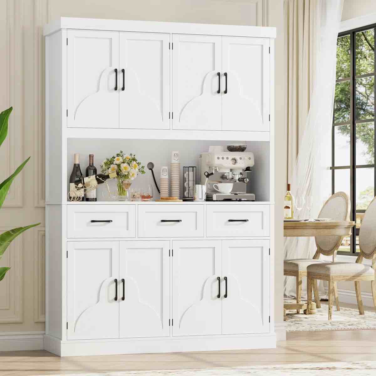 75.7" Tall White Wood Stand Alone Pantry Cabinet with Microwave Shelf, 8 Doors & 3 Drawers, Wire Pass-Through By Lark Manor™ (INCOMPLETE ONLY BOX #2 of 2) 