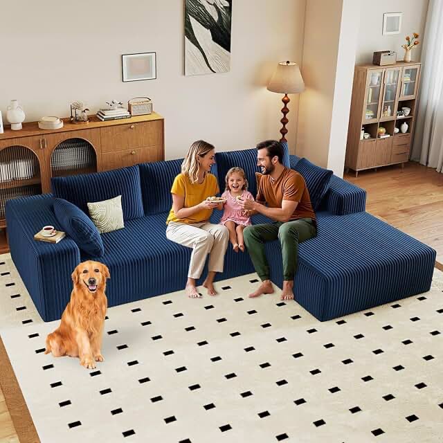 96" modular sectional couch, boneless l shaped cloud sofa with chaise lounge, corduroy upholstered couches memory foam deep seat, no assembly required, ideal for living room(blue, (incomplete only box #2 of 2) ) (similar stock photo)