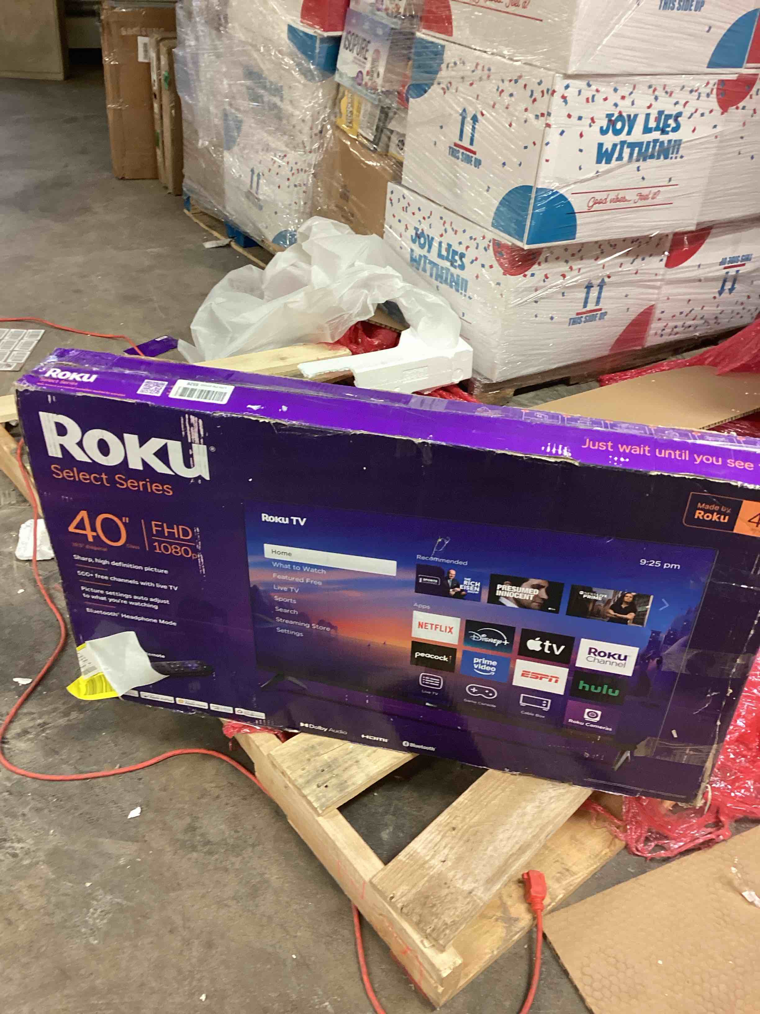 Condition photo showing As Is for roku 40" select series 1080p full hd smart roku tv with roku tv remote: wi-fi, led (screen damaged)