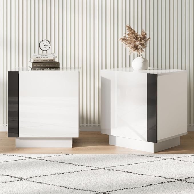 AMERLIFE 2PCS Entertainment Center Side Table Set with Storage, Modern High Gloss End Tables with 2 Cabinet Doors, for Living Room/Bedroom/Office, White/Black