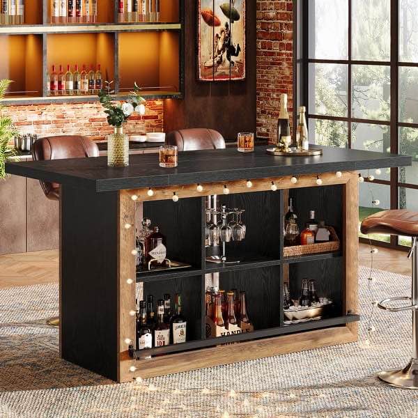 Counter Height Bar Table with Storage, Home Bar Cabinet Unit, Large Pub Table Kitchen Dining Room Accent Bar Console (incomplete one box only)
