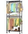 sakugi clothes rack - 33.0" x 12.2" x 79.5" clothing rack with shelves & wheels, multi-functional wardrobe closet with hooks, sturdy metal garment rack for bedroom, laundry, balcony (black)
