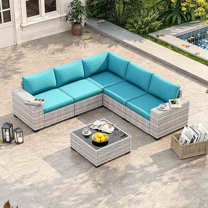 6 piece outdoor wicker sectional sofa set, 5-seats patio furniture conversation set with 4" thickened cushions & coffee table, all-weather pe rattan for garden, backyard, porch, turquoise (incomplete one box only)