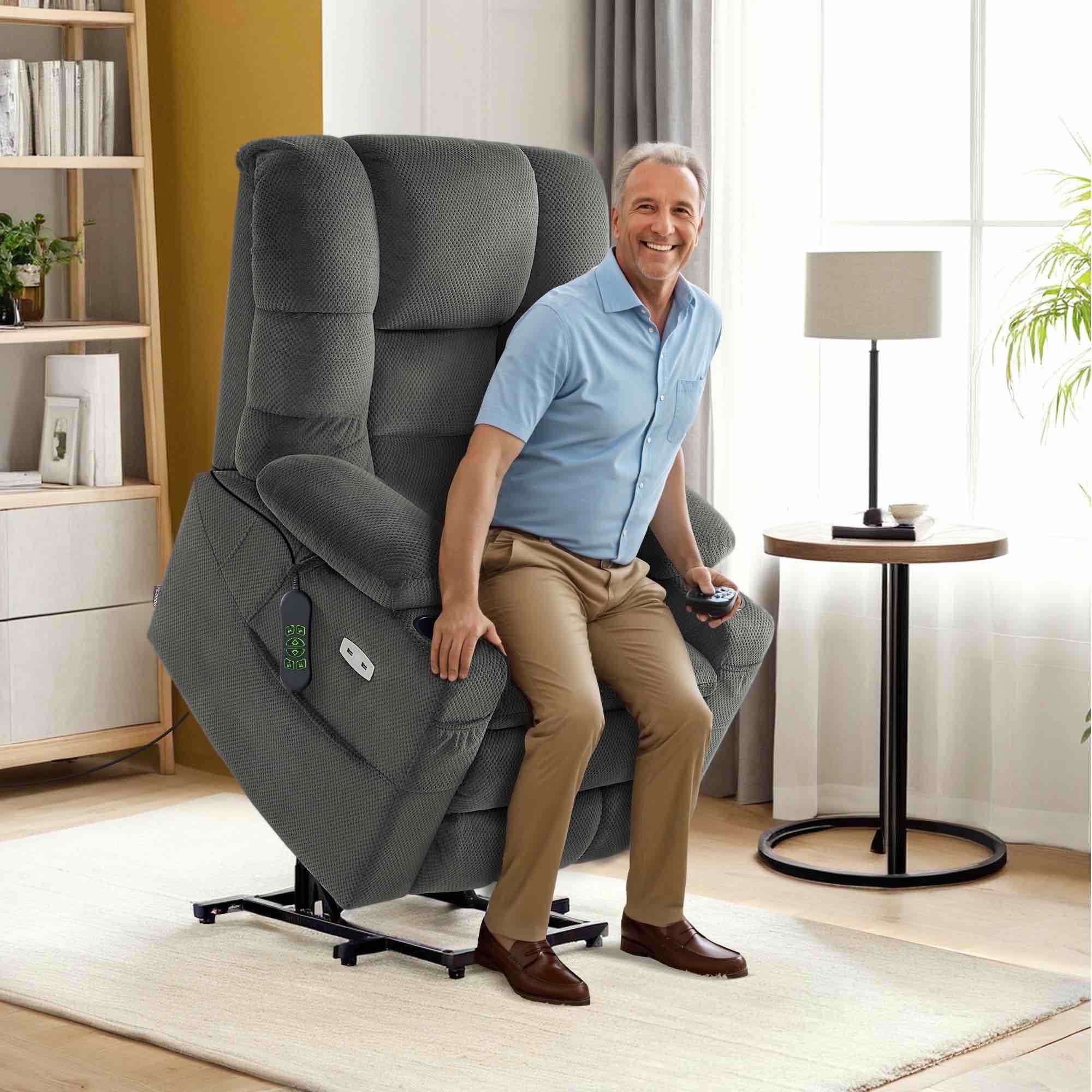 MCombo Large Triple Motor Power Lift Recliner for Big and Tall Elderly, Fabric, Grey