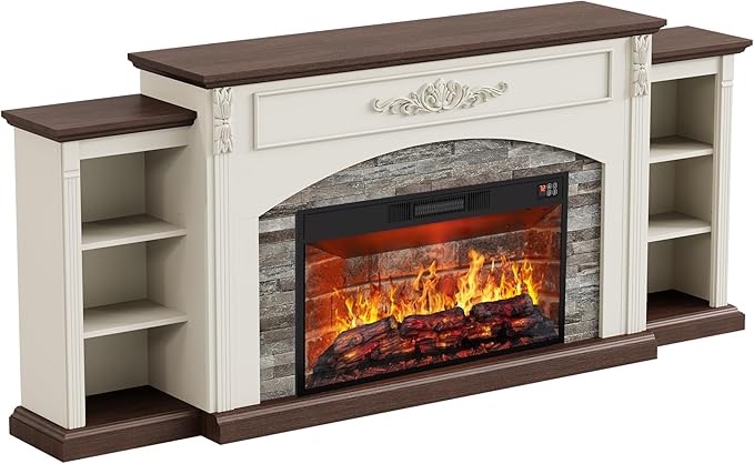 Electric Fireplace with Mantel, 30" Red Brick Fireplace TV Stand for TVs Up to 90 Inch, Realistic Stacked Stone Surround with Remote Control for Living Room(similar, does not included fireplace ) (incomplete)(Box 1 of 2 only)