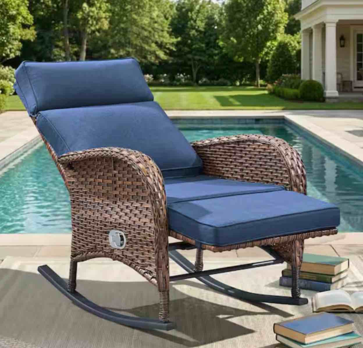 SleekArm Brown 1-Piece Wicker Outdoor Recliner with olefin Blue Cushions and Adjustable Backrest Patio Rockers
