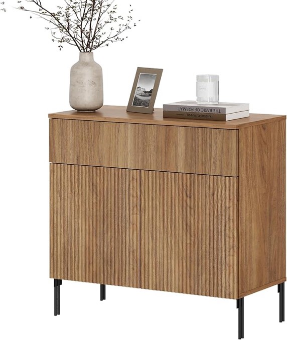 WAMPAT 31.5" W Fluted Nightstand, Modern Mid Century End Table with Lagre 1 Drawer & 2 Doors, Wooden Bedside Table with Storage and Hidden Handle for Bedroom, Living Room, Light Walnut