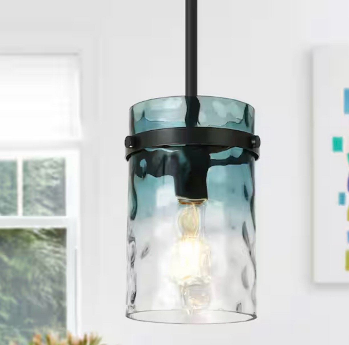Large Modern Pendant Lights with 5.9 in. Gradient Blue Cylinder Hammered Glass Shade for Kitchen Island Dining Room