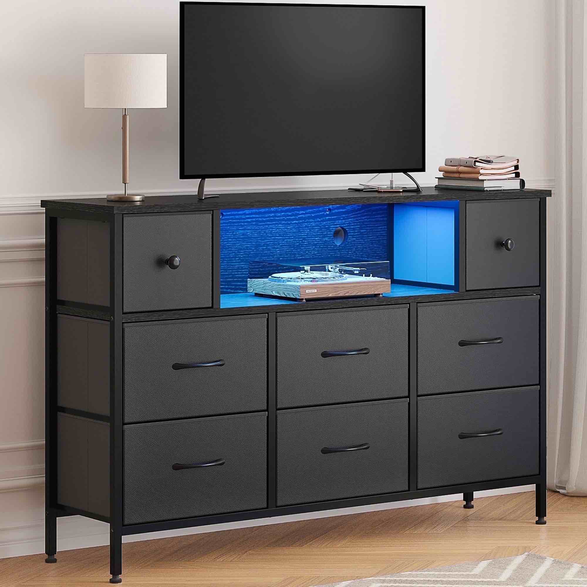 Fairy Dresser, Black 55" TV Stand with 8 Drawers, LED & Power Outlets for Bedroom, Living Room, Entryway