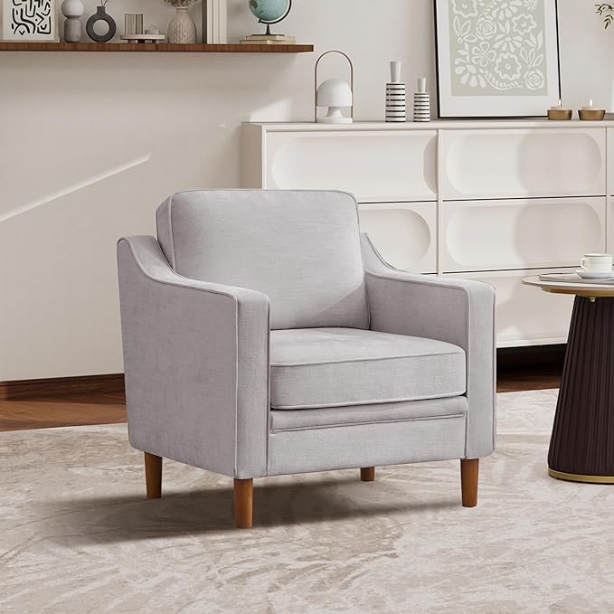 Kingfun Accent Chair, Living Room Chairs, Mid Century Reading Armchair, Chenille with Solid Wood Foot, Upholstered Modern Decor for Bedroom, Apartment, Silver Gray