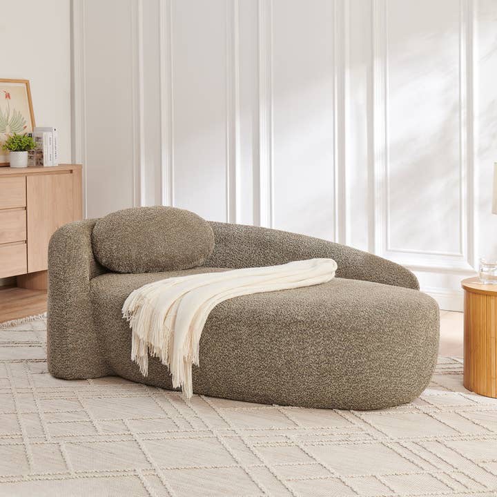 AOOWOW 67"-Modern Oval Single Lounge Chair with Built-in Backrest, Side Armrests and Pillow, Compact Space-Saving Lazy Sofa for Living Room, Bedroom - Brown