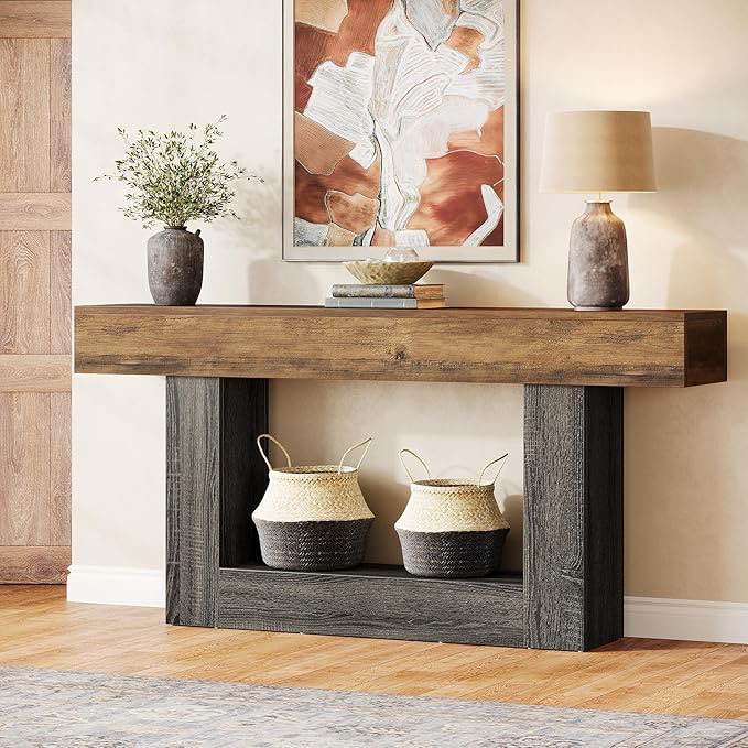 tribesigns 63-inch long console table, 2-tier entryway table sofa table with storage, farmhouse wood behind couch tables for living room, hallway, rustic brown & gray