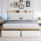 upholstered bed with 2 drawers, led lights & storage headboard, white (incomplete one box only)