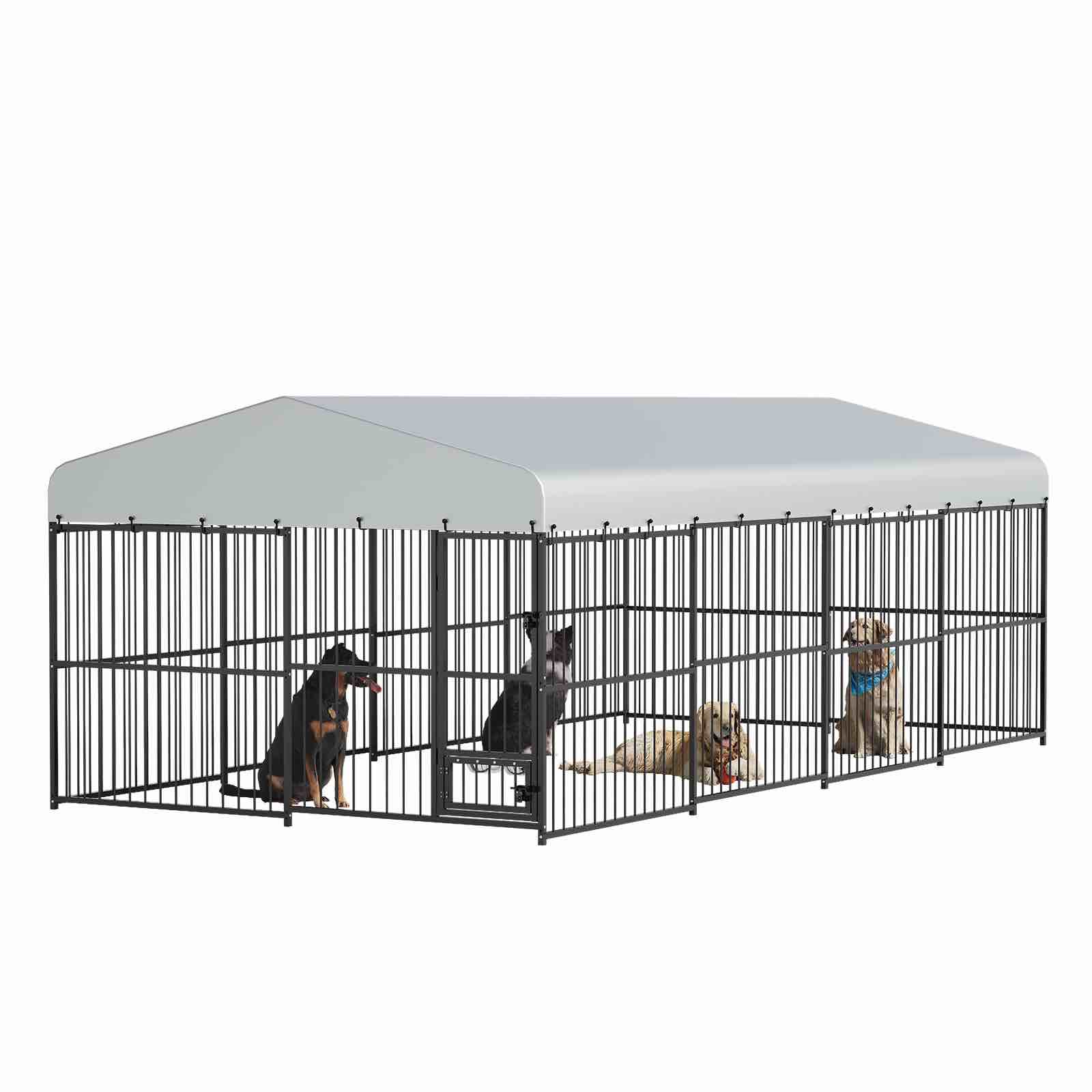 garvee outdoor heavy duty large dog kennel, walk-in dog cage with metal gate & secure lock, large dog enclosure with waterproof roof, includes feeding doors & bowls for backyard, 10x20x6 ft (incomplete , (box #1 only) 