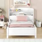 softsea twin size platform bed with storage headboard, wood platform bed with led light, bed frame with trundle and drawers, no box spring needed, white (incomplete one box of two only) (box # 1)