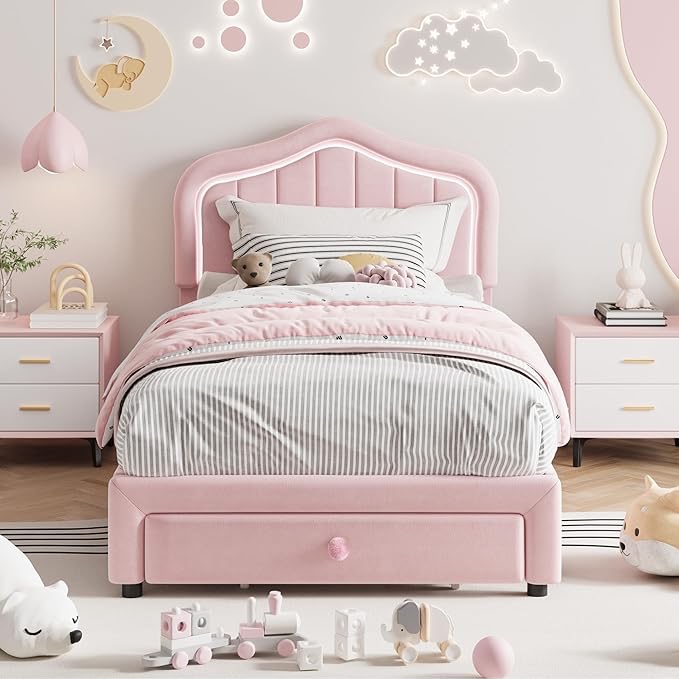 upholstered platform bed frame with storage drawers, pink (full) (incomplete one box of two only) ( model similar from stock photo)