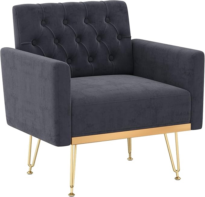Accent Chair for Living Room, Comfy Oversized Velvet Upholstered Arm Chair, Mid Century Modern Reading Single Sofa Side Chair with Tufted Back and Gold Legs 