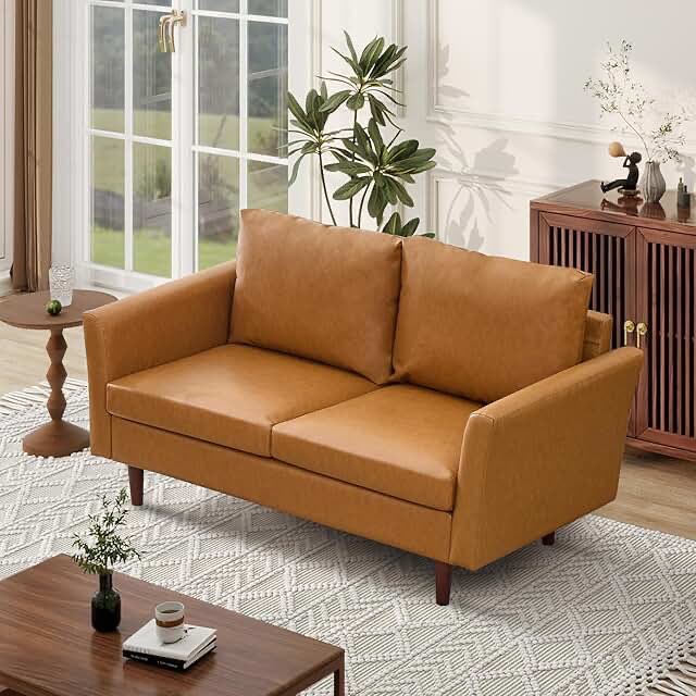 faux leather loveseat camel (incomplete one box of two only)(model and color similar from stock photo) 