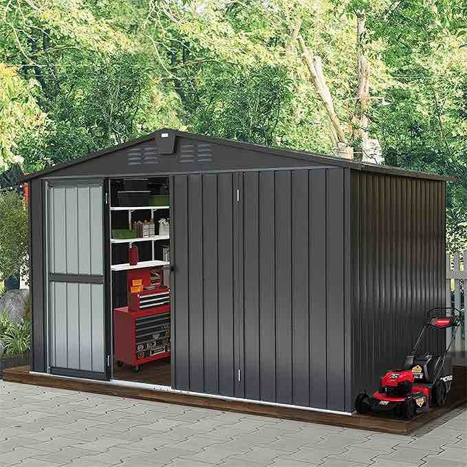 Large Outdoor Storage Shed 10'x 8' Galvanized Steel Garden Shed Outdoor Storage Cabinet Metal Utility Tool Storage Room Tool Shed with Lockable Door for Backyard Garden Patio Lawn (incomplete 1 box of 3 only)
