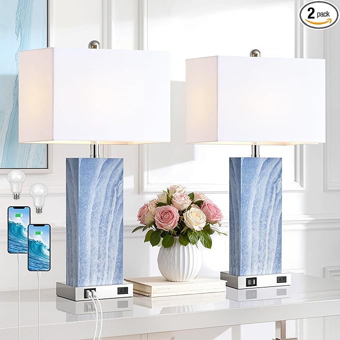 touch control table lamps with white fabric shade set of 2, 3-way dimmable modern ceramic blue nightstand bedside lamp with 2 usb ports 1 ac outlet for living room, bedroom (similar)