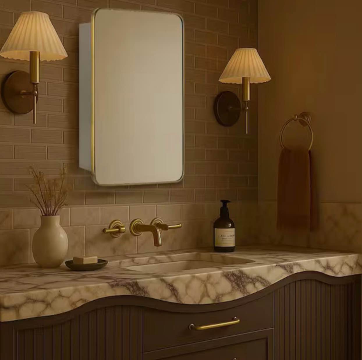 garnes 20 in. w x 30 in. h rectangular recessed or surface mount metal medicine cabinet with mirror in brushed gold