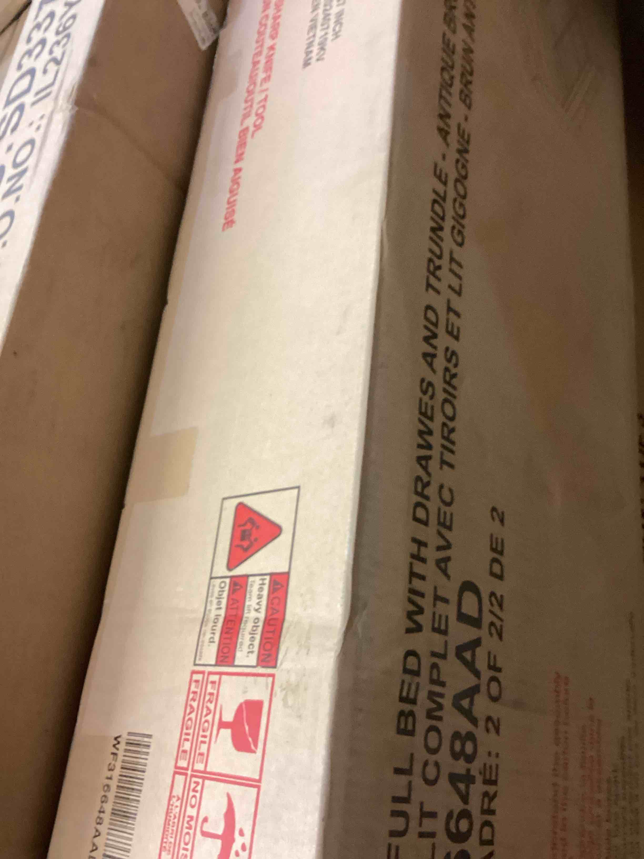 Condition photo showing Good Condition for full bed with drawers and trundle, antique brown (brown antique color ) (incomplete one box of two only) ( box # 2)