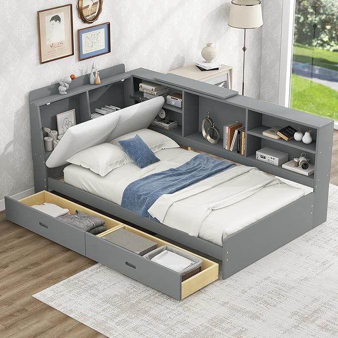 platform bed with storage headboard,wood bed frame with shelves and 2 drawers for bedroom,no box spring required (antique gray, twin) (incomplete one box of two only) (box # 1 only) 