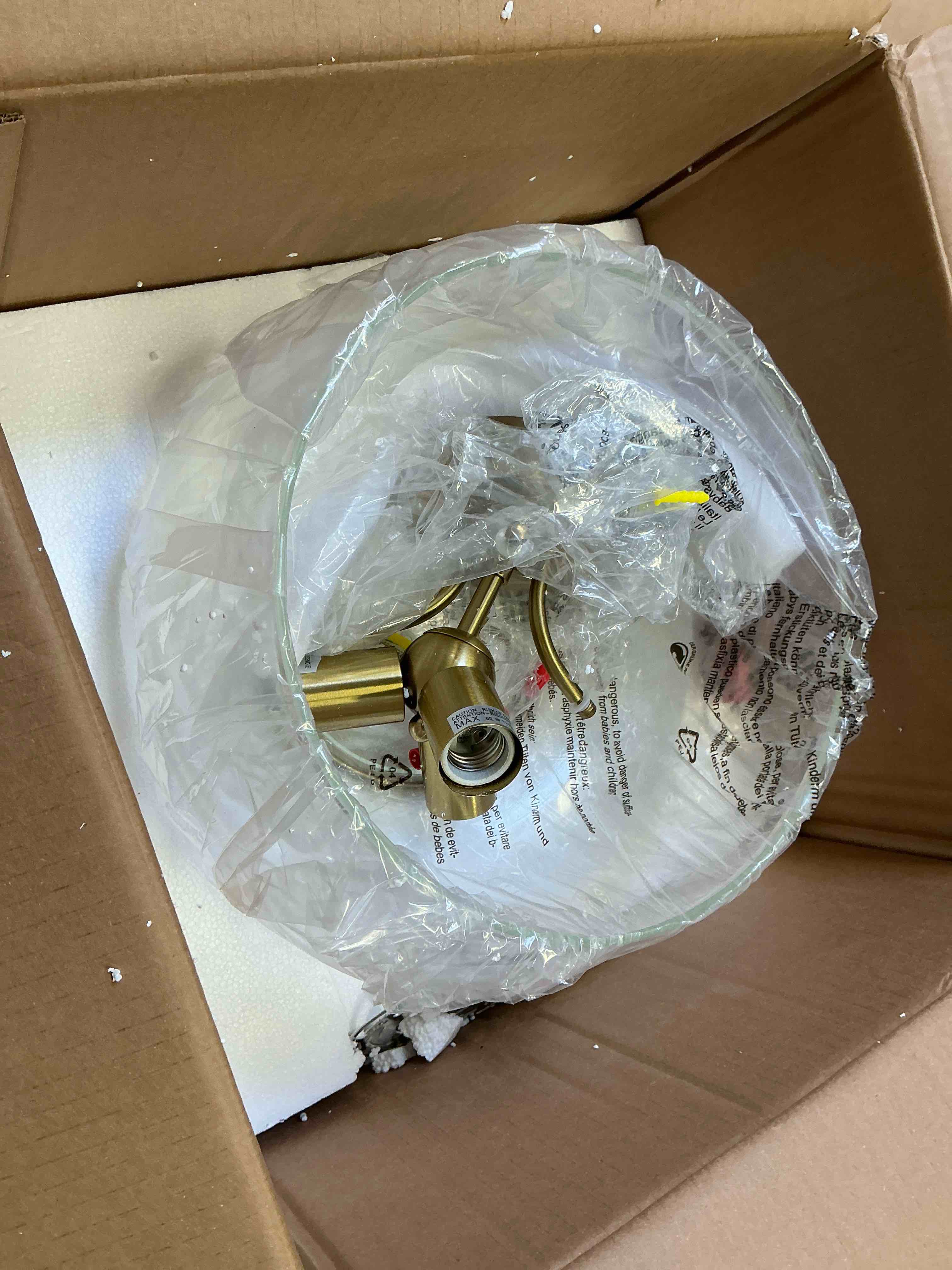 Condition photo showing As Is for vonluce semi flush mount ceiling light, 13.8" ceiling light fixture with clear glass shade, e26 base, 3-bulb industrial lighting fixture for hallway entryway bedroom, brushed gold