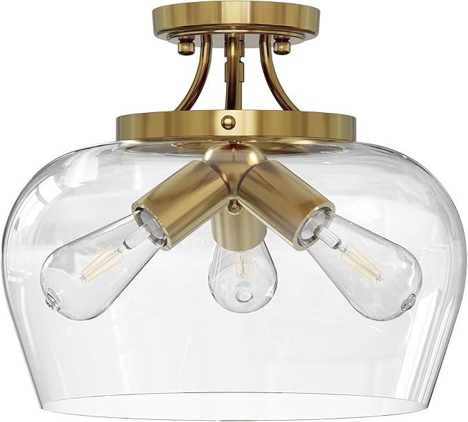 vonluce semi flush mount ceiling light, 13.8" ceiling light fixture with clear glass shade, e26 base, 3-bulb industrial lighting fixture for hallway entryway bedroom, brushed gold
